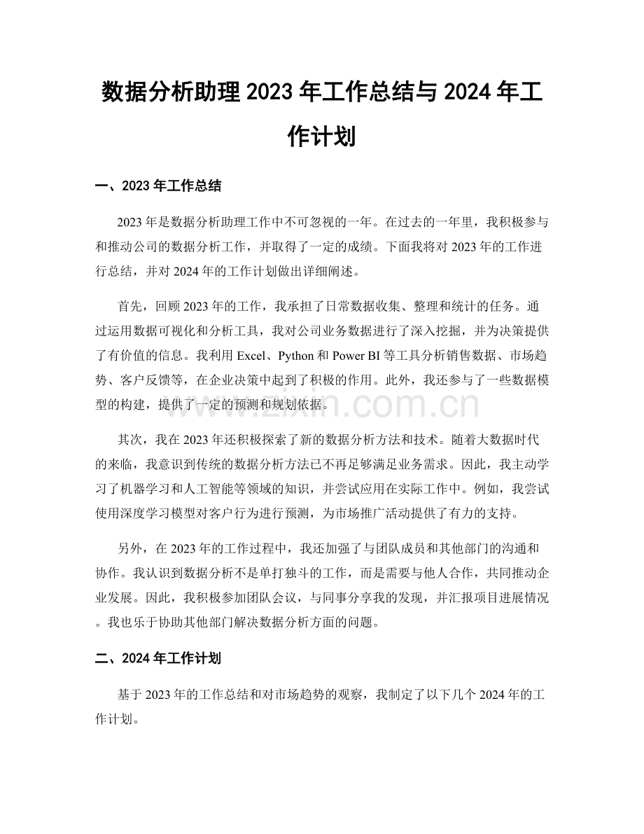 数据分析助理2023年工作总结与2024年工作计划.docx_第1页