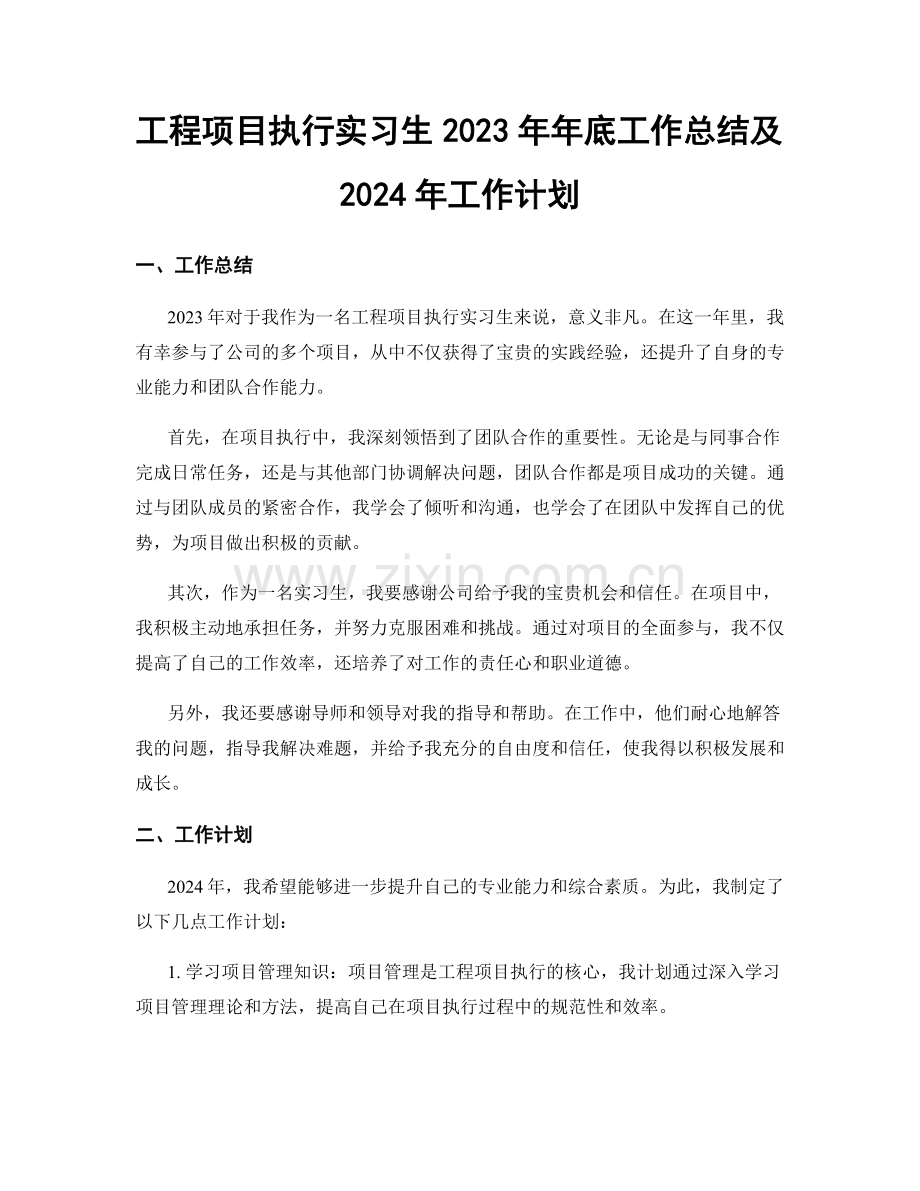 工程项目执行实习生2023年年底工作总结及2024年工作计划.docx_第1页