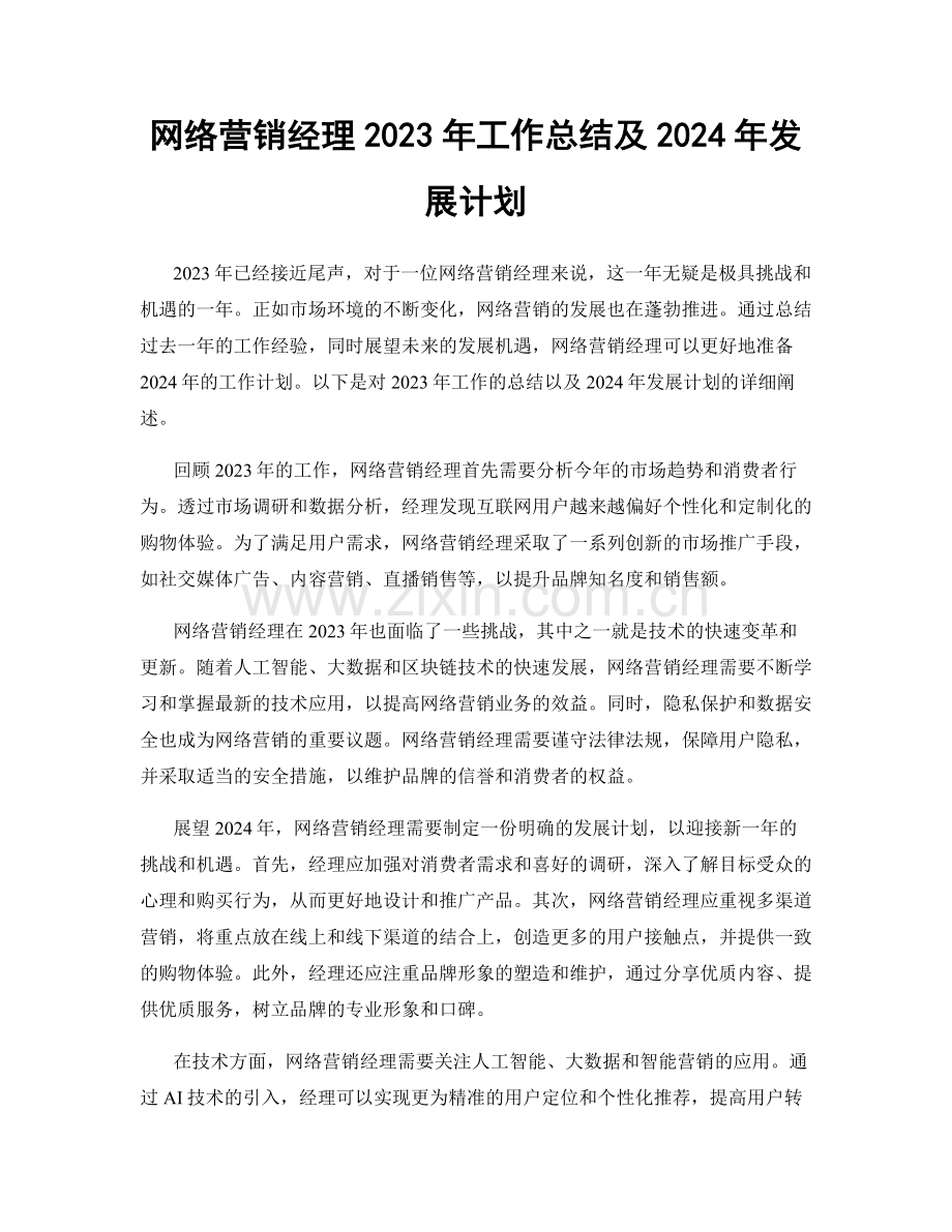 网络营销经理2023年工作总结及2024年发展计划.docx_第1页