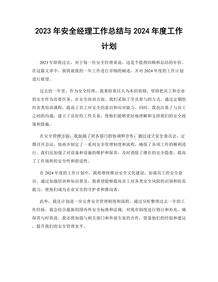 2023年安全经理工作总结与2024年度工作计划.docx_第1页