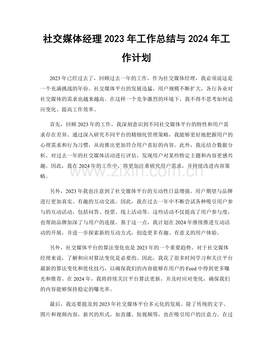 社交媒体经理2023年工作总结与2024年工作计划.docx_第1页