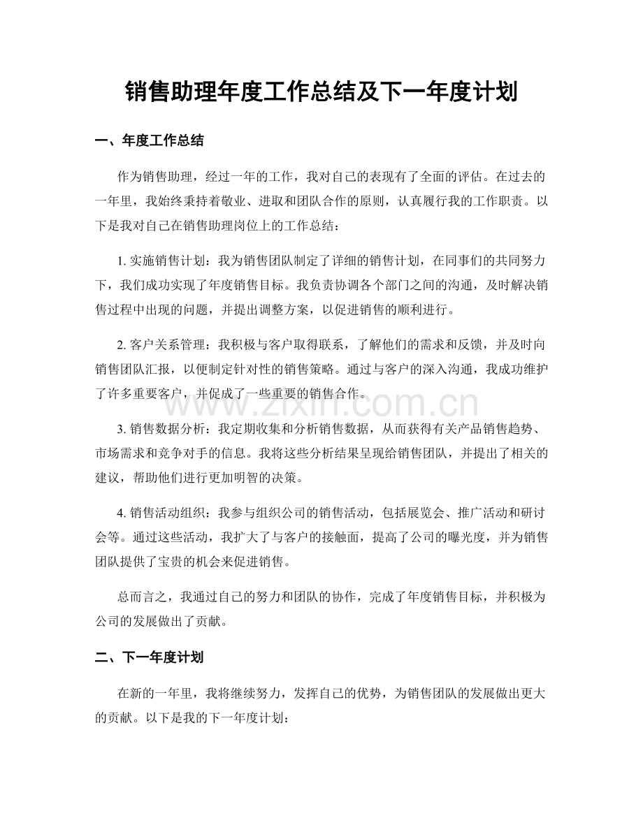 销售助理年度工作总结及下一年度计划.docx_第1页