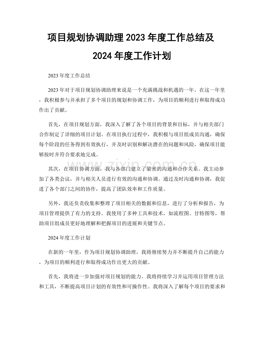 项目规划协调助理2023年度工作总结及2024年度工作计划.docx_第1页