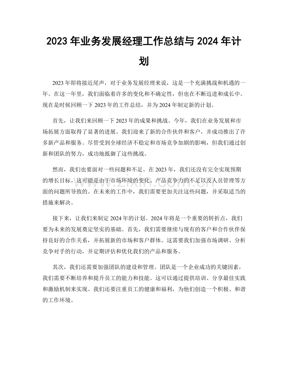 2023年业务发展经理工作总结与2024年计划.docx_第1页