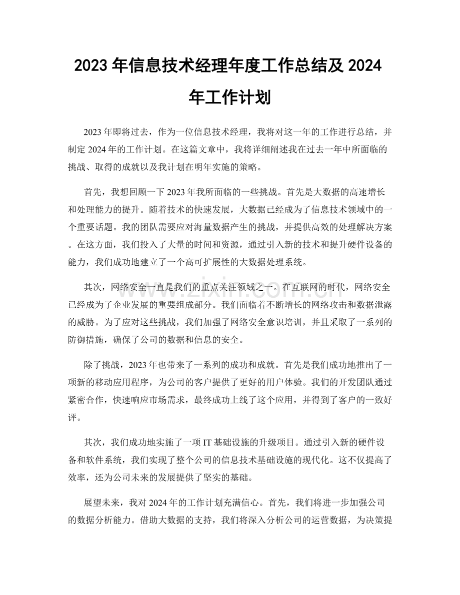 2023年信息技术经理年度工作总结及2024年工作计划.docx_第1页