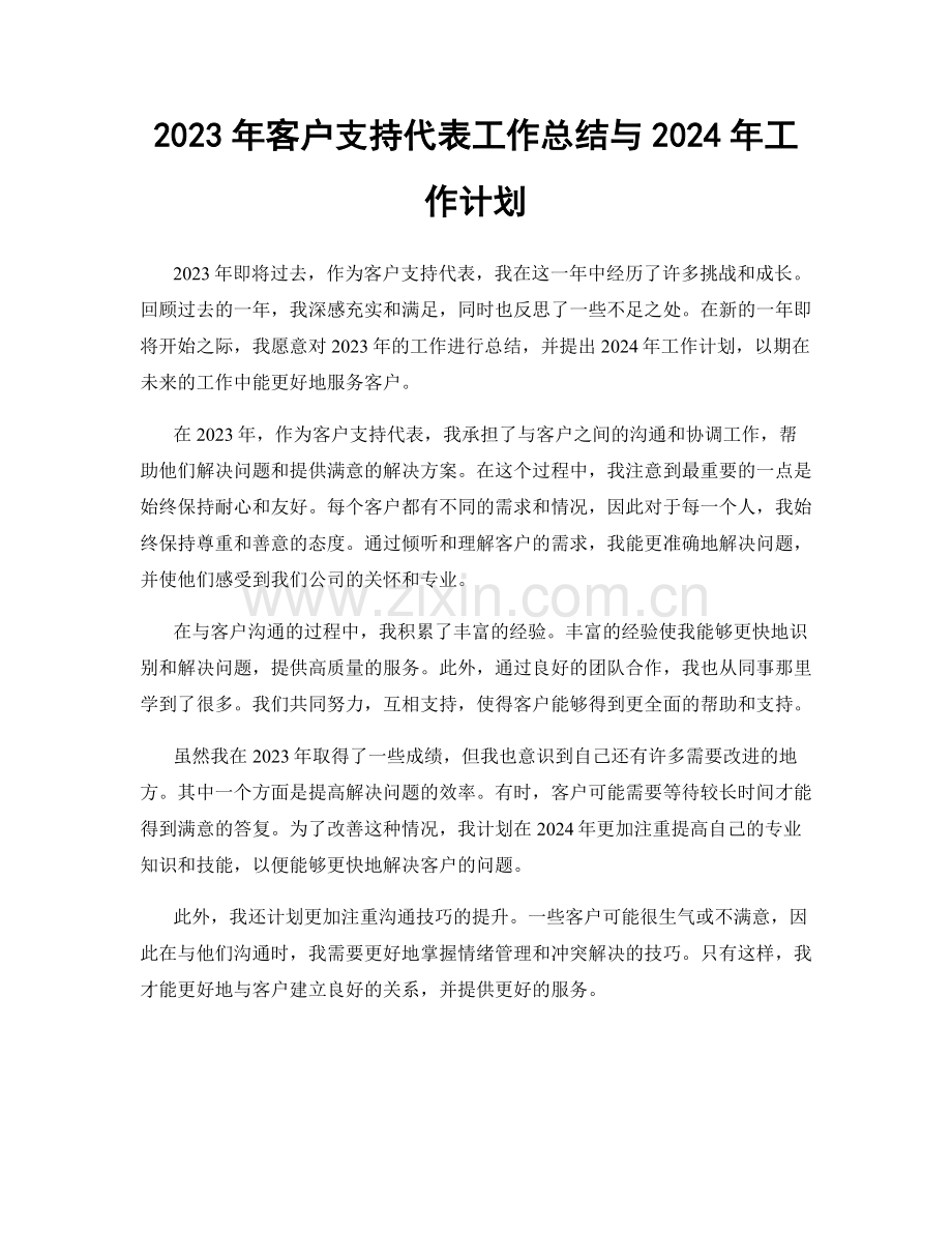 2023年客户支持代表工作总结与2024年工作计划.docx_第1页