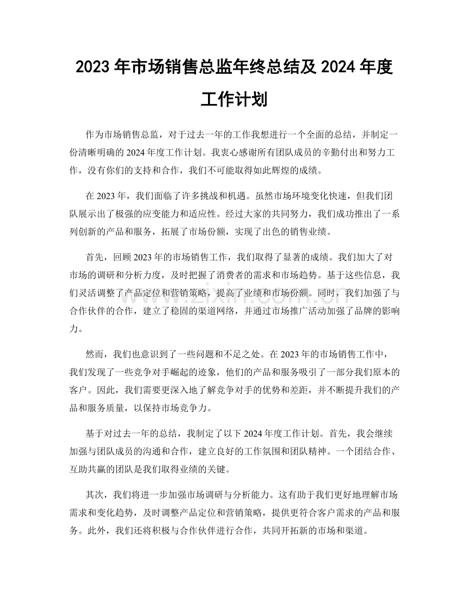 2023年市场销售总监年终总结及2024年度工作计划.docx_第1页