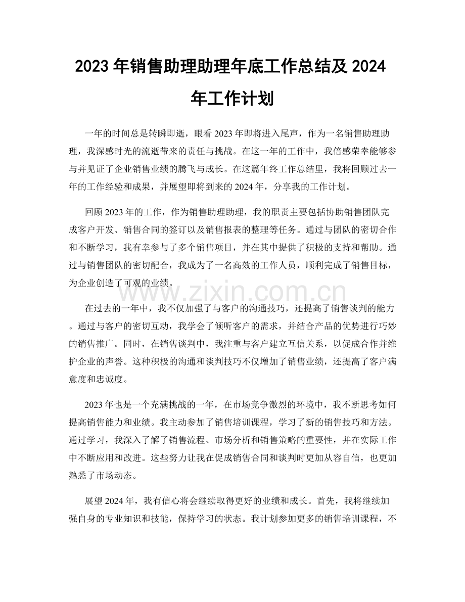 2023年销售助理助理年底工作总结及2024年工作计划.docx_第1页