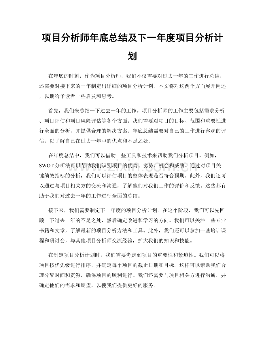 项目分析师年底总结及下一年度项目分析计划.docx_第1页