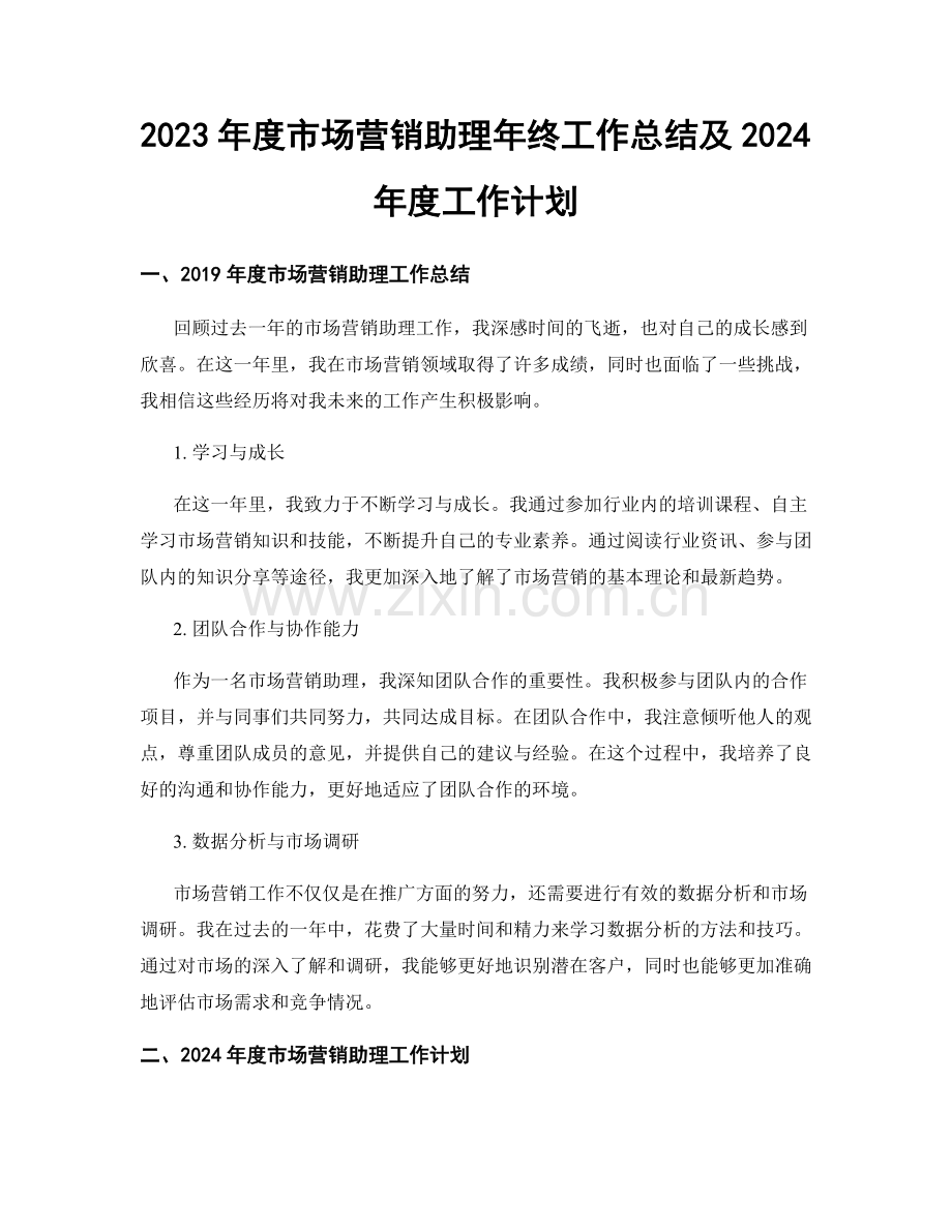 2023年度市场营销助理年终工作总结及2024年度工作计划.docx_第1页