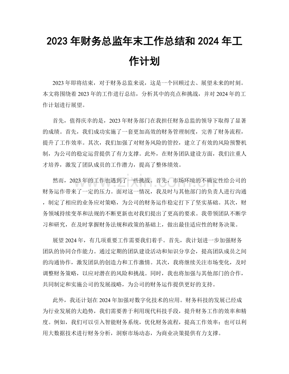 2023年财务总监年末工作总结和2024年工作计划.docx_第1页