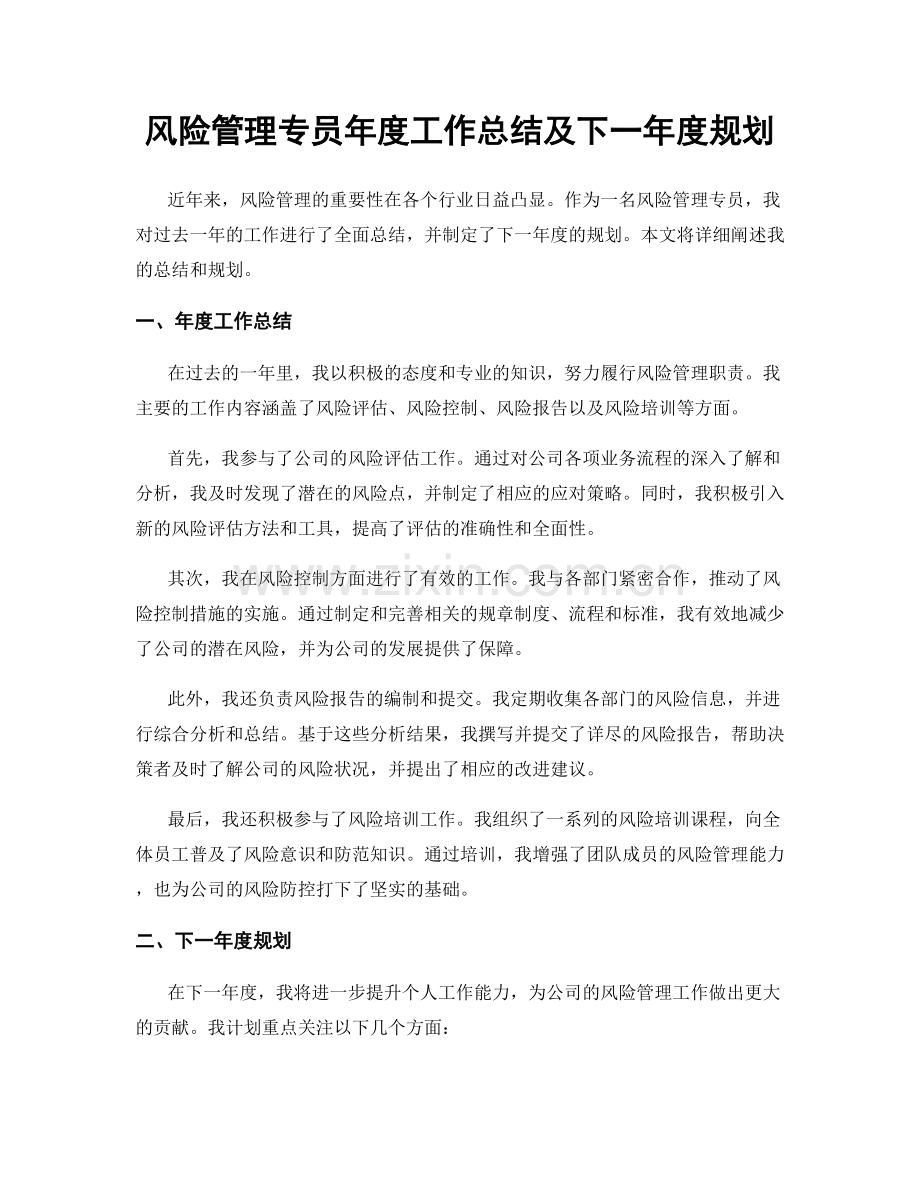 风险管理专员年度工作总结及下一年度规划.docx_第1页