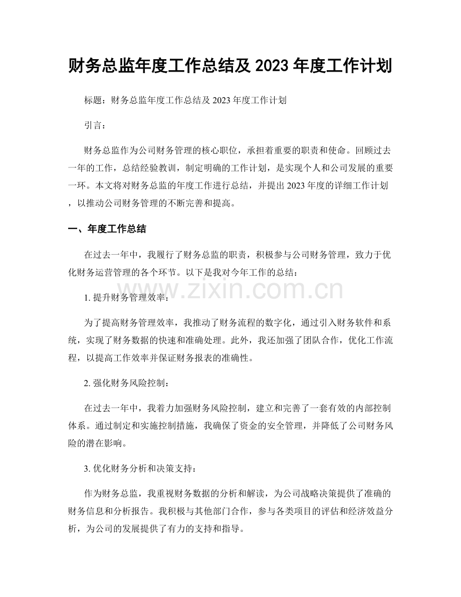 财务总监年度工作总结及2023年度工作计划.docx_第1页