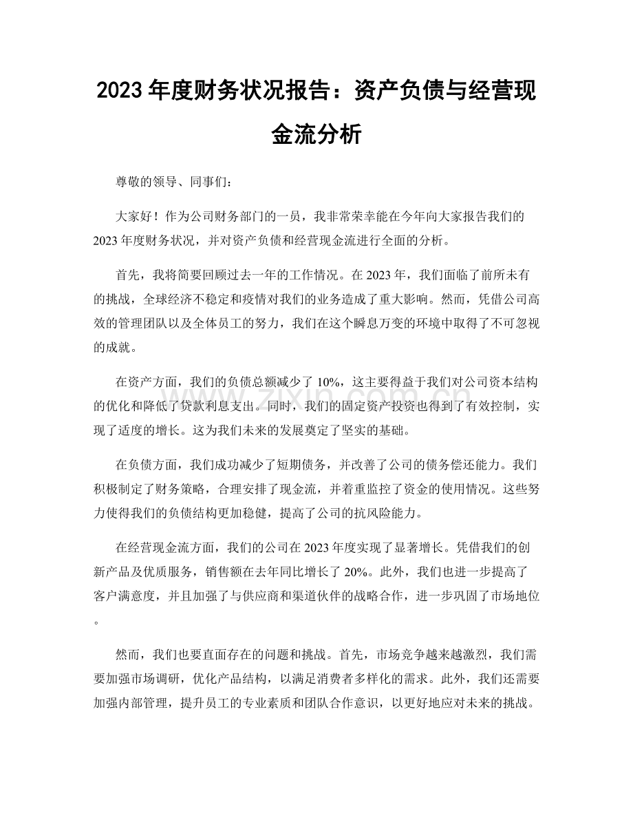 2023年度财务状况报告：资产负债与经营现金流分析.docx_第1页