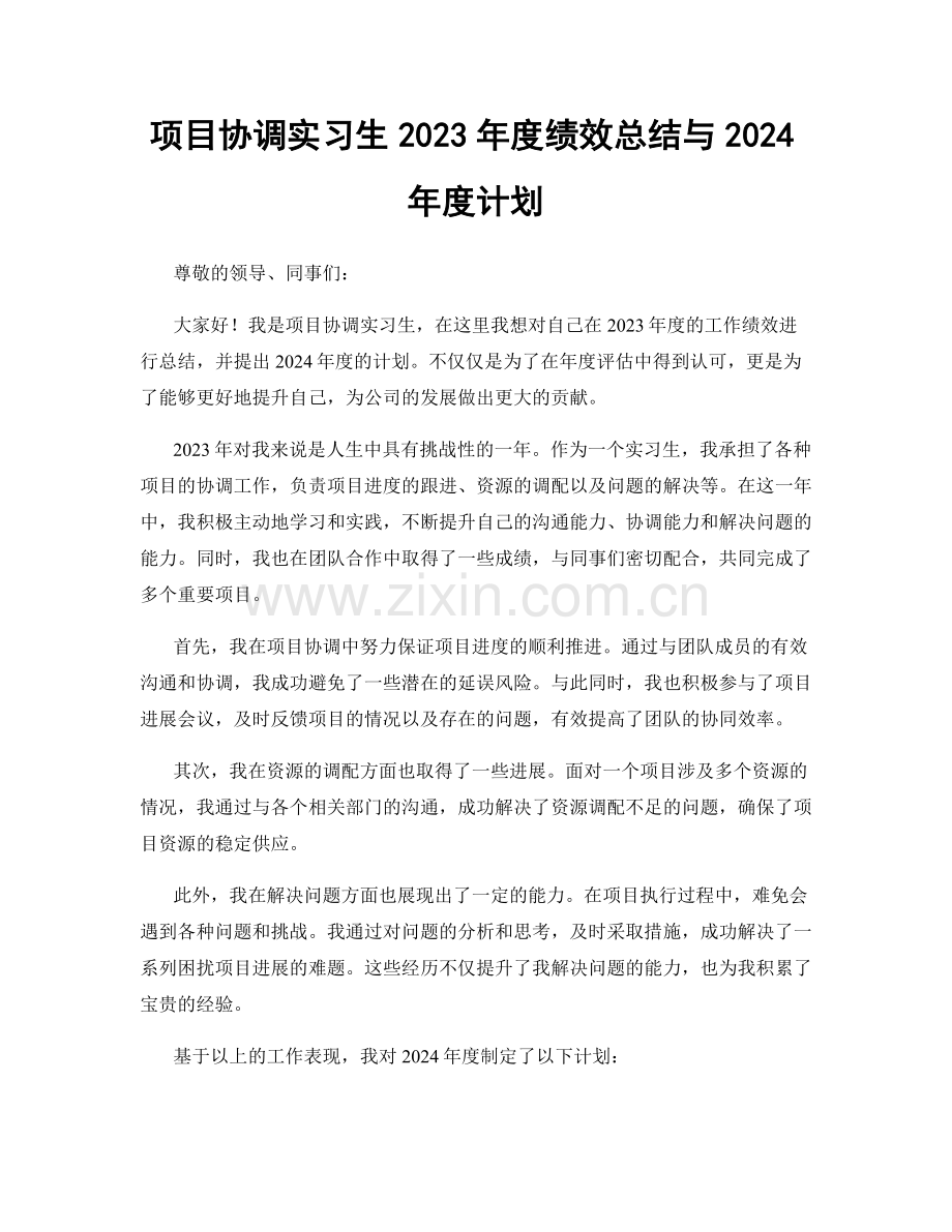 项目协调实习生2023年度绩效总结与2024年度计划.docx_第1页