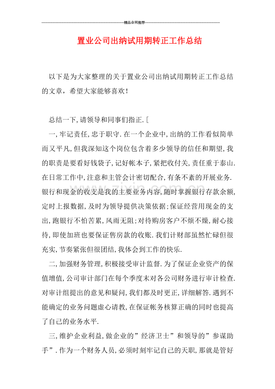 置业公司出纳试用期转正工作总结.doc_第1页