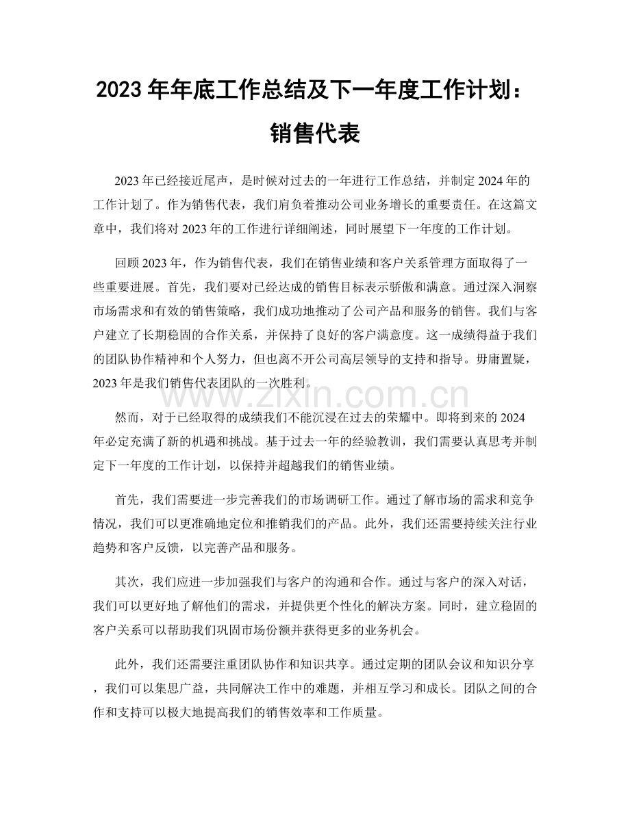 2023年年底工作总结及下一年度工作计划：销售代表.docx_第1页