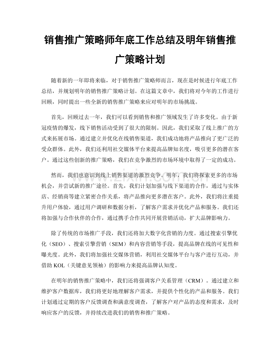 销售推广策略师年底工作总结及明年销售推广策略计划.docx_第1页