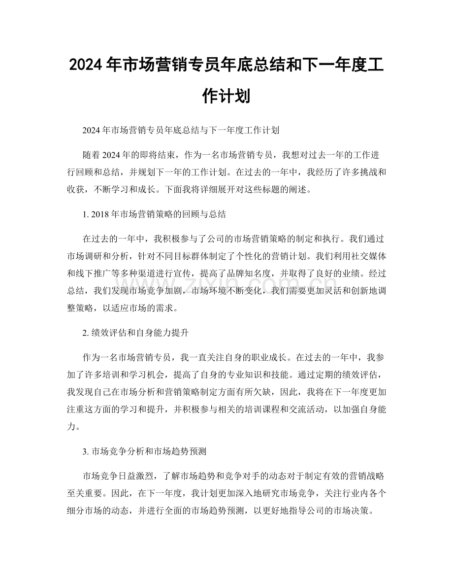 2024年市场营销专员年底总结和下一年度工作计划.docx_第1页