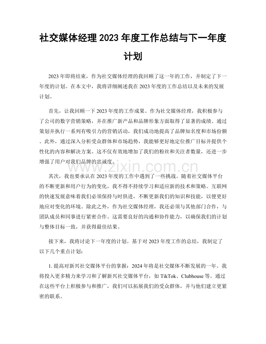 社交媒体经理2023年度工作总结与下一年度计划.docx_第1页