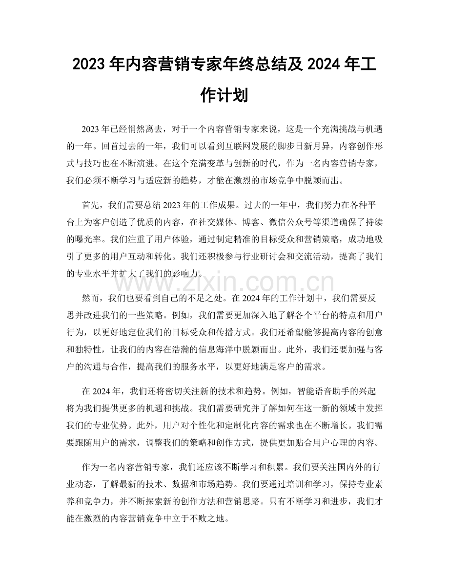 2023年内容营销专家年终总结及2024年工作计划.docx_第1页