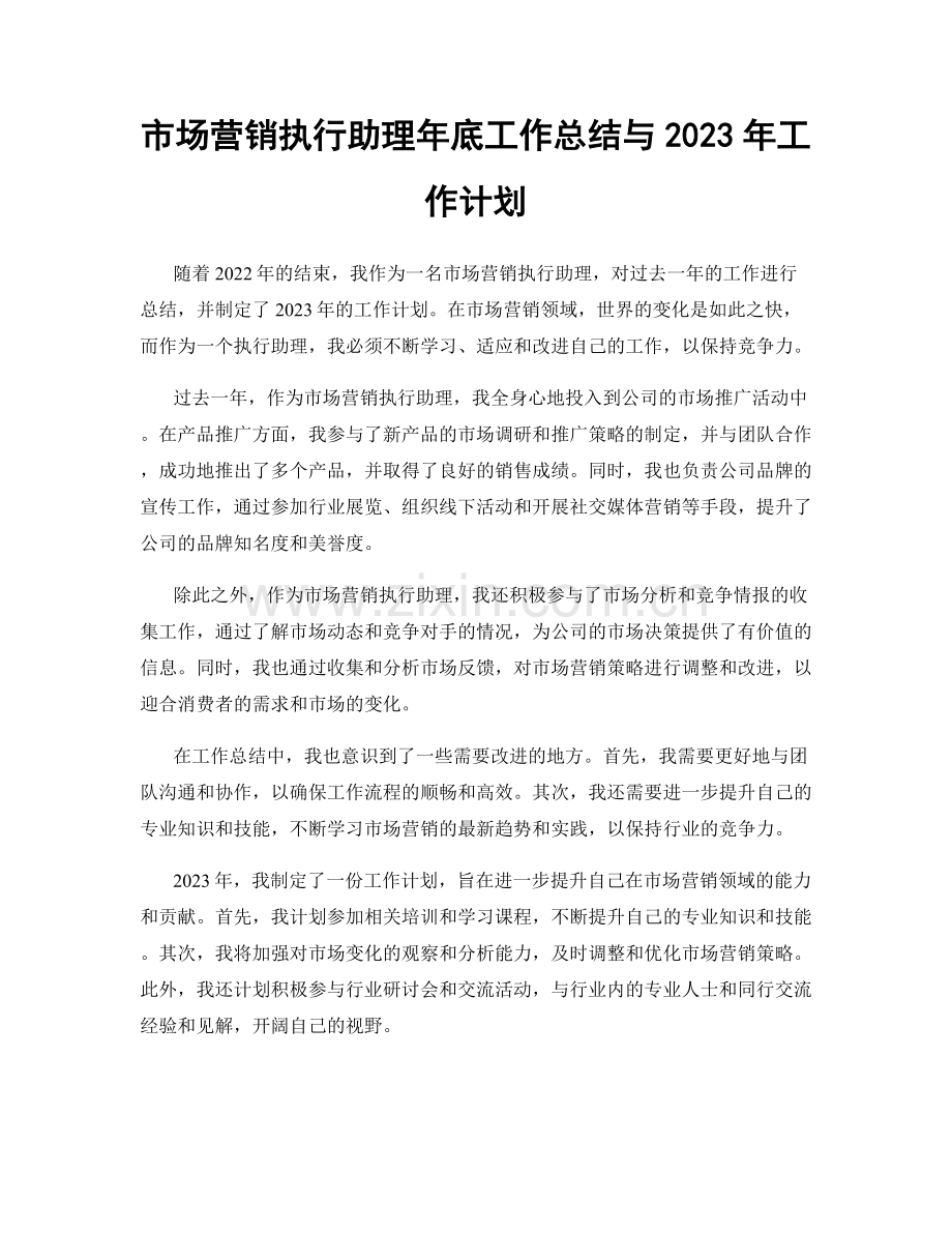 市场营销执行助理年底工作总结与2023年工作计划.docx_第1页