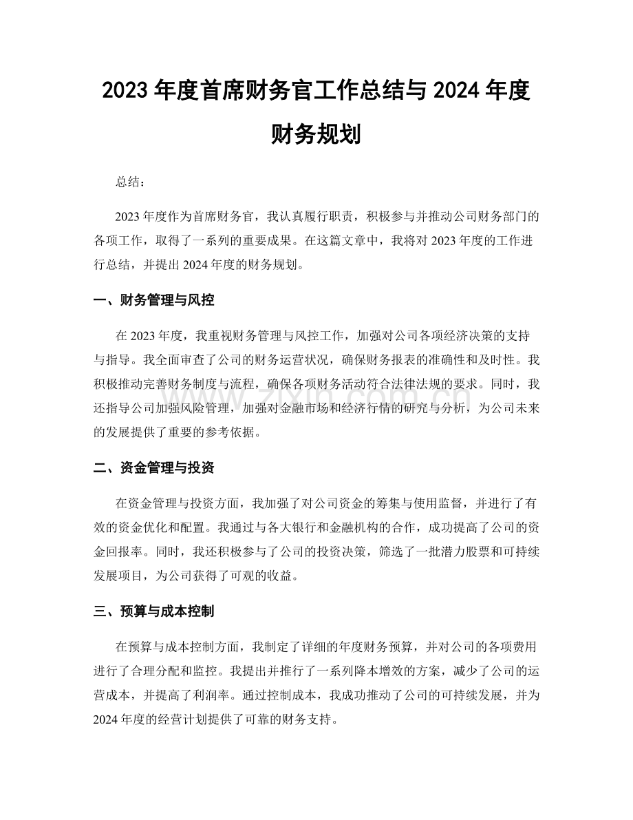 2023年度首席财务官工作总结与2024年度财务规划.docx_第1页