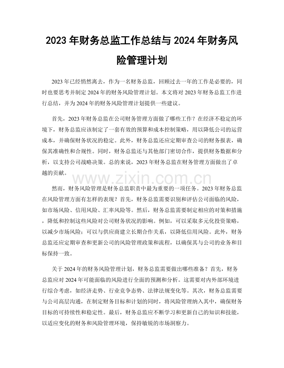 2023年财务总监工作总结与2024年财务风险管理计划.docx_第1页