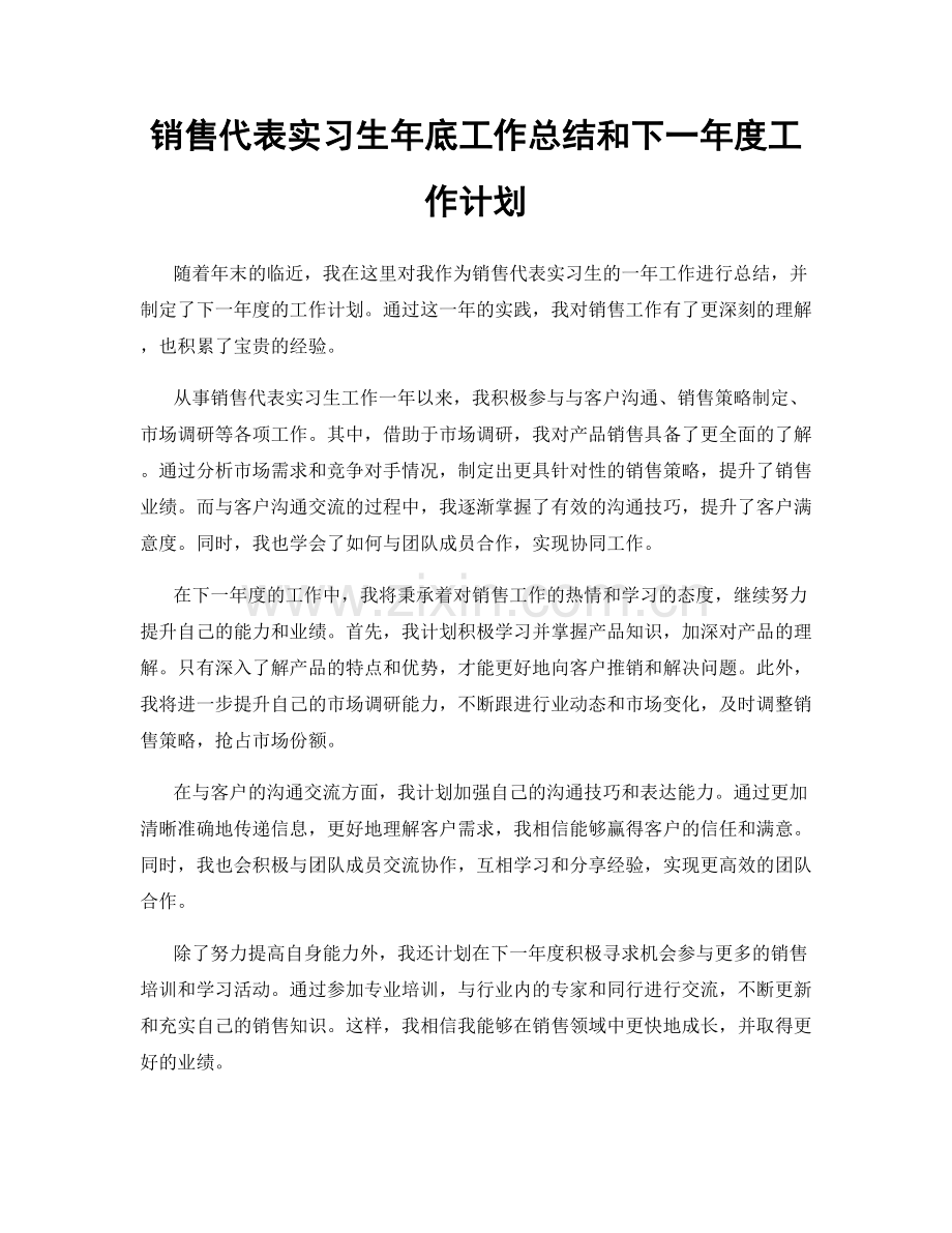 销售代表实习生年底工作总结和下一年度工作计划.docx_第1页