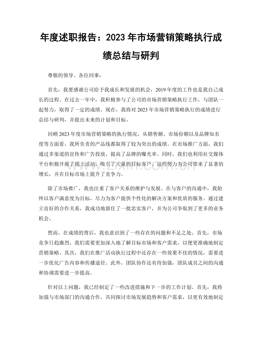 年度述职报告：2023年市场营销策略执行成绩总结与研判.docx_第1页