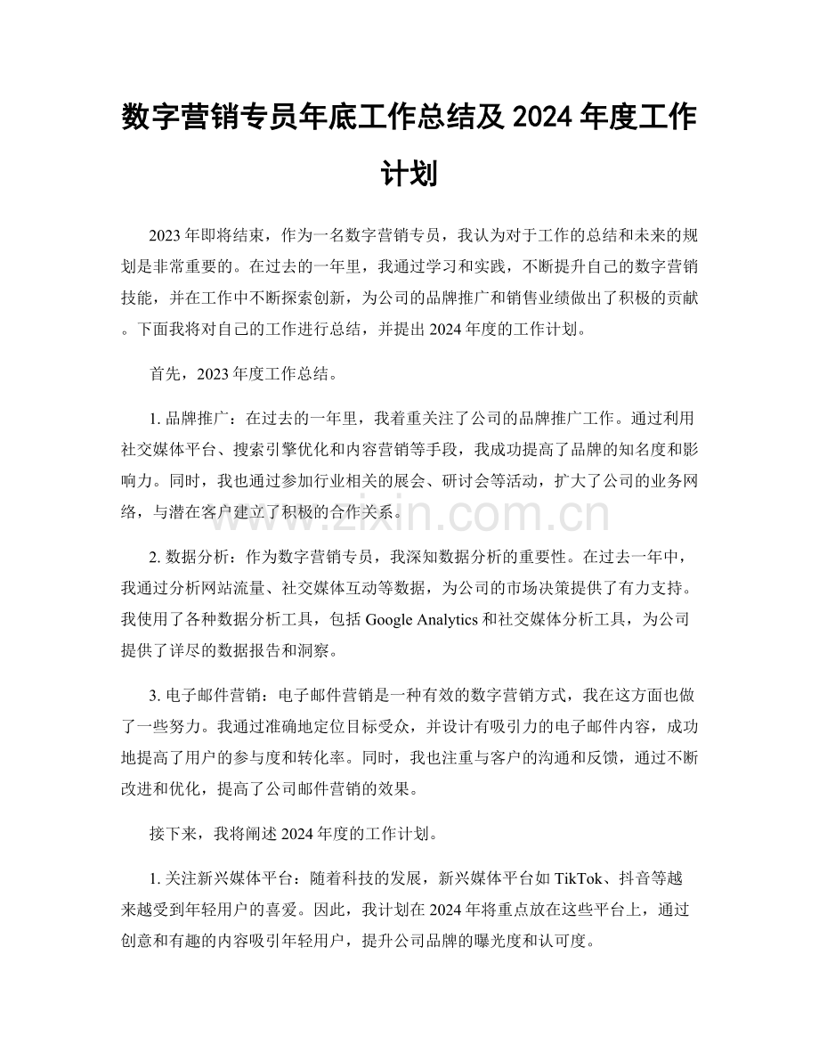 数字营销专员年底工作总结及2024年度工作计划.docx_第1页