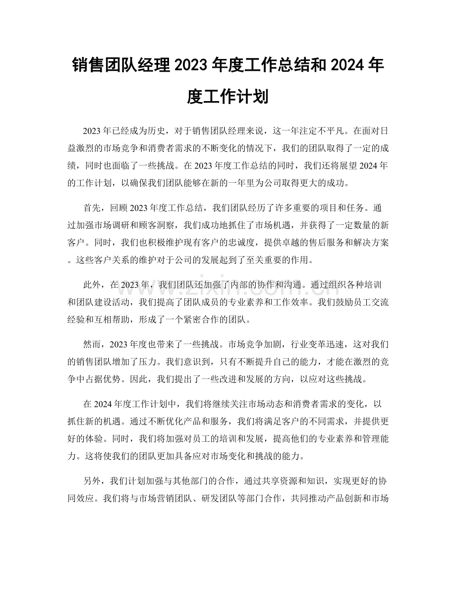 销售团队经理2023年度工作总结和2024年度工作计划.docx_第1页