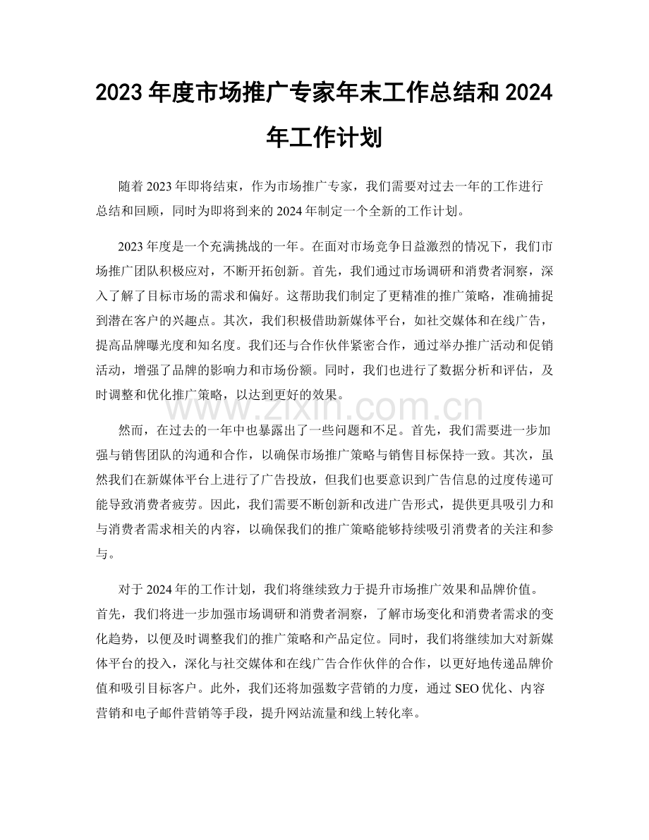 2023年度市场推广专家年末工作总结和2024年工作计划.docx_第1页