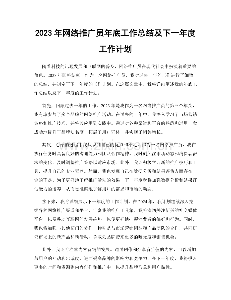 2023年网络推广员年底工作总结及下一年度工作计划.docx_第1页