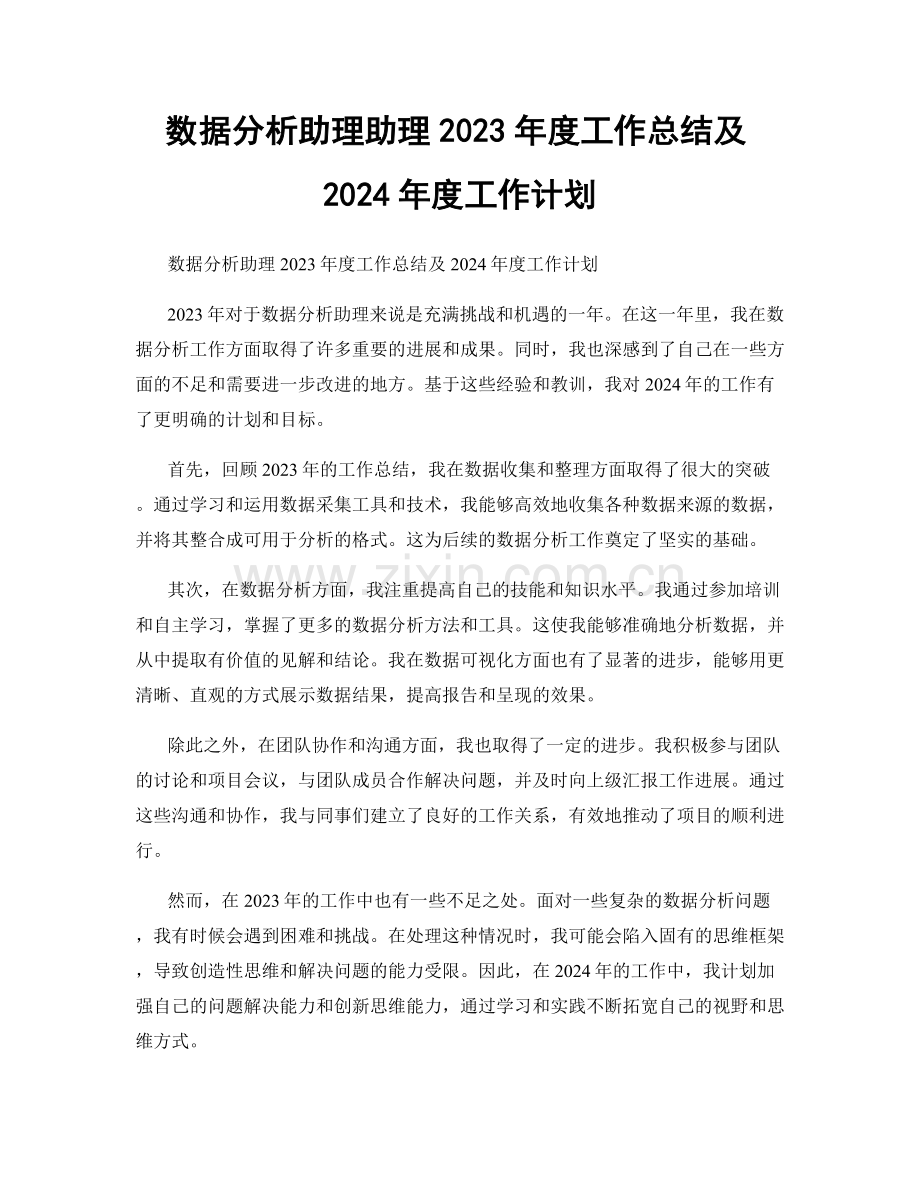 数据分析助理助理2023年度工作总结及2024年度工作计划.docx_第1页