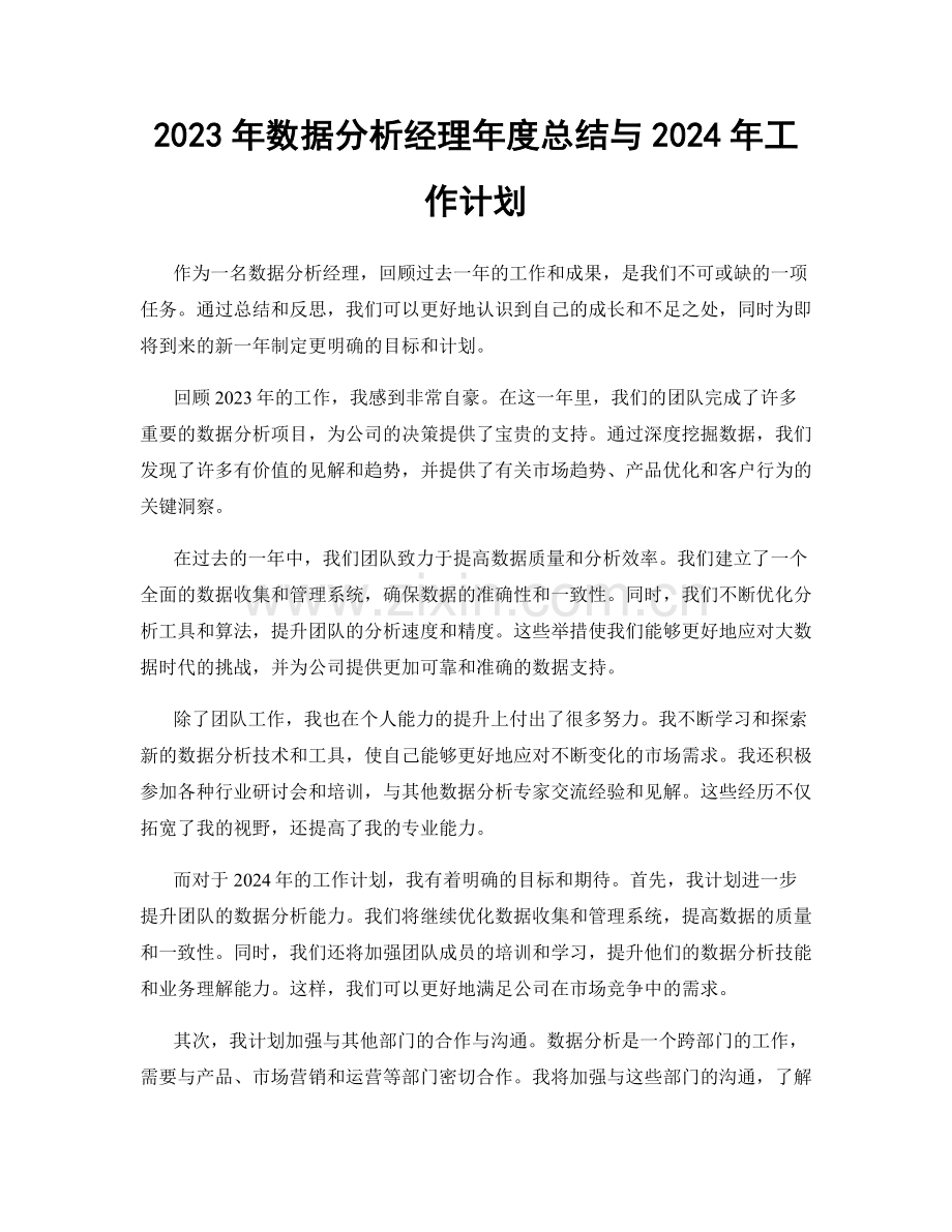 2023年数据分析经理年度总结与2024年工作计划.docx_第1页