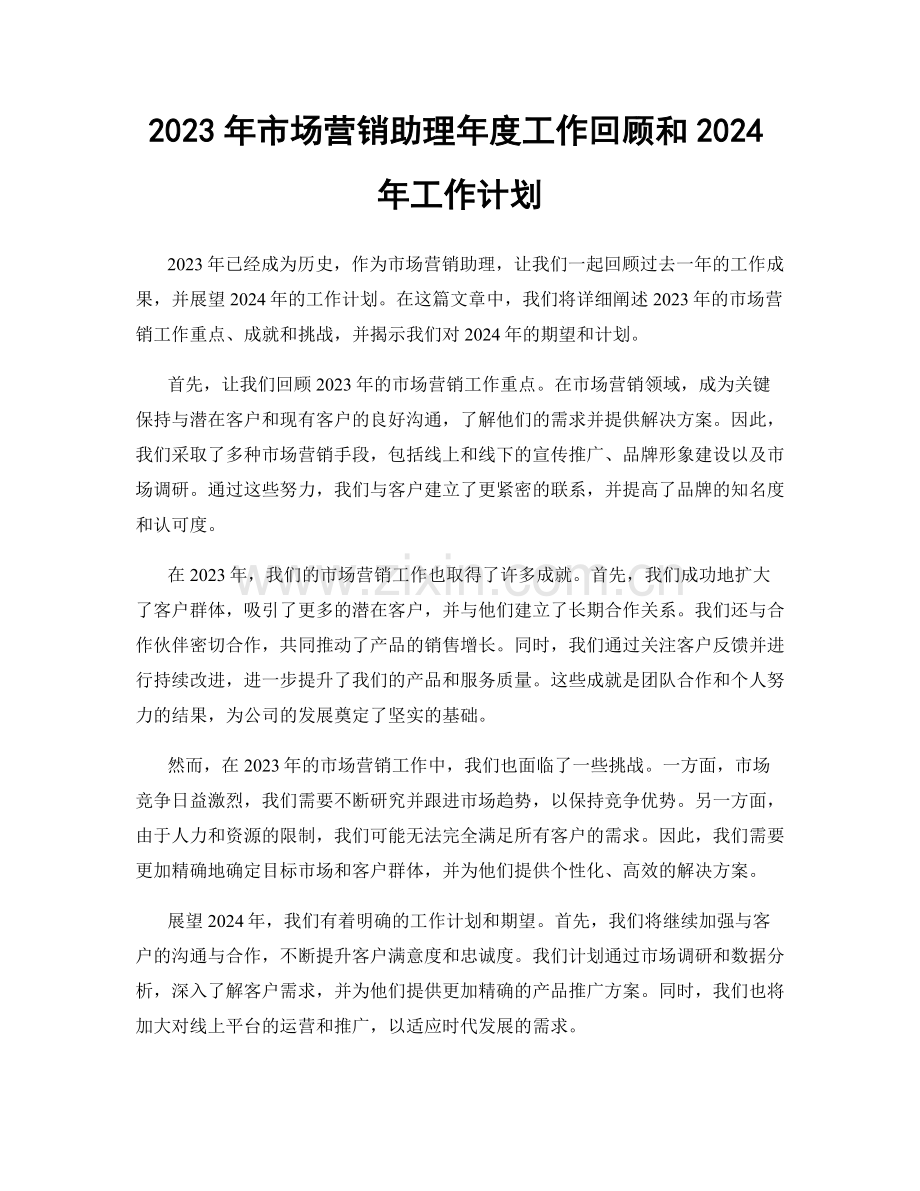 2023年市场营销助理年度工作回顾和2024年工作计划.docx_第1页