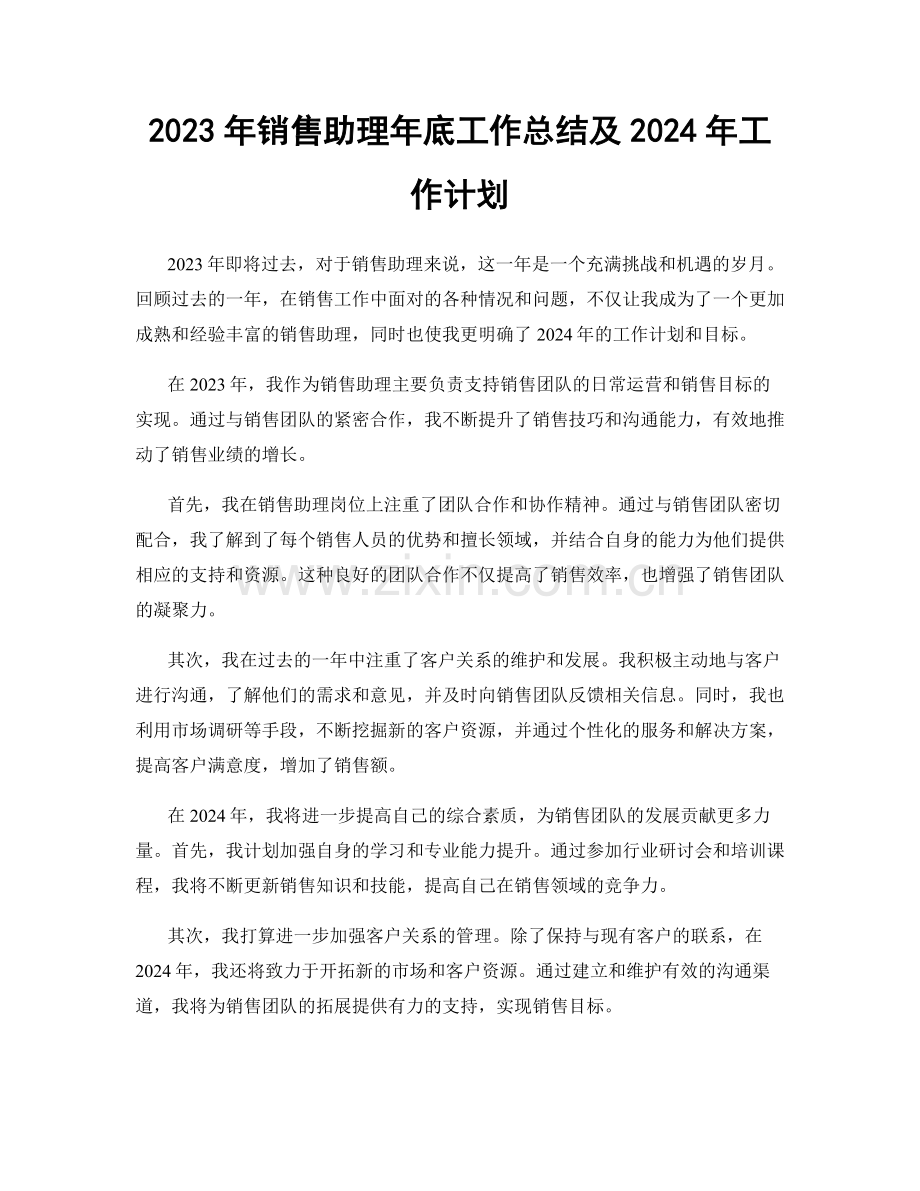 2023年销售助理年底工作总结及2024年工作计划.docx_第1页