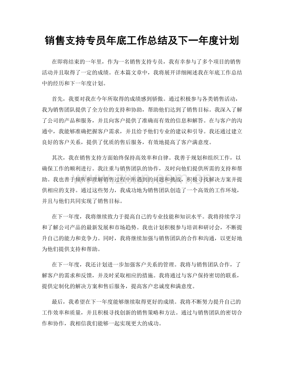 销售支持专员年底工作总结及下一年度计划.docx_第1页