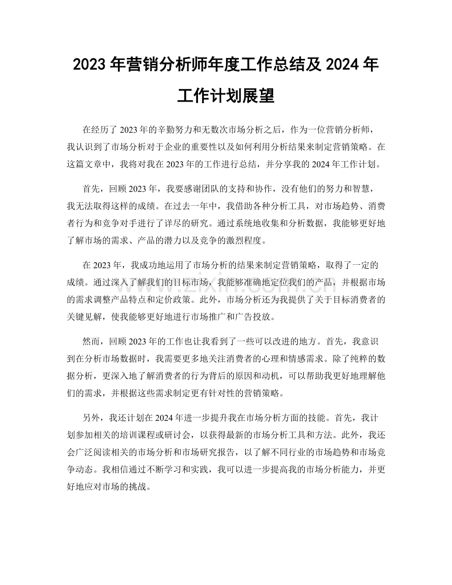 2023年营销分析师年度工作总结及2024年工作计划展望.docx_第1页