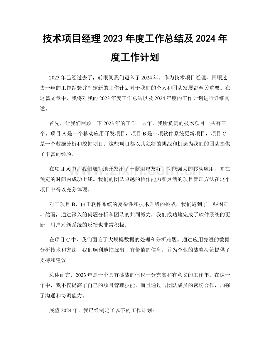 技术项目经理2023年度工作总结及2024年度工作计划.docx_第1页