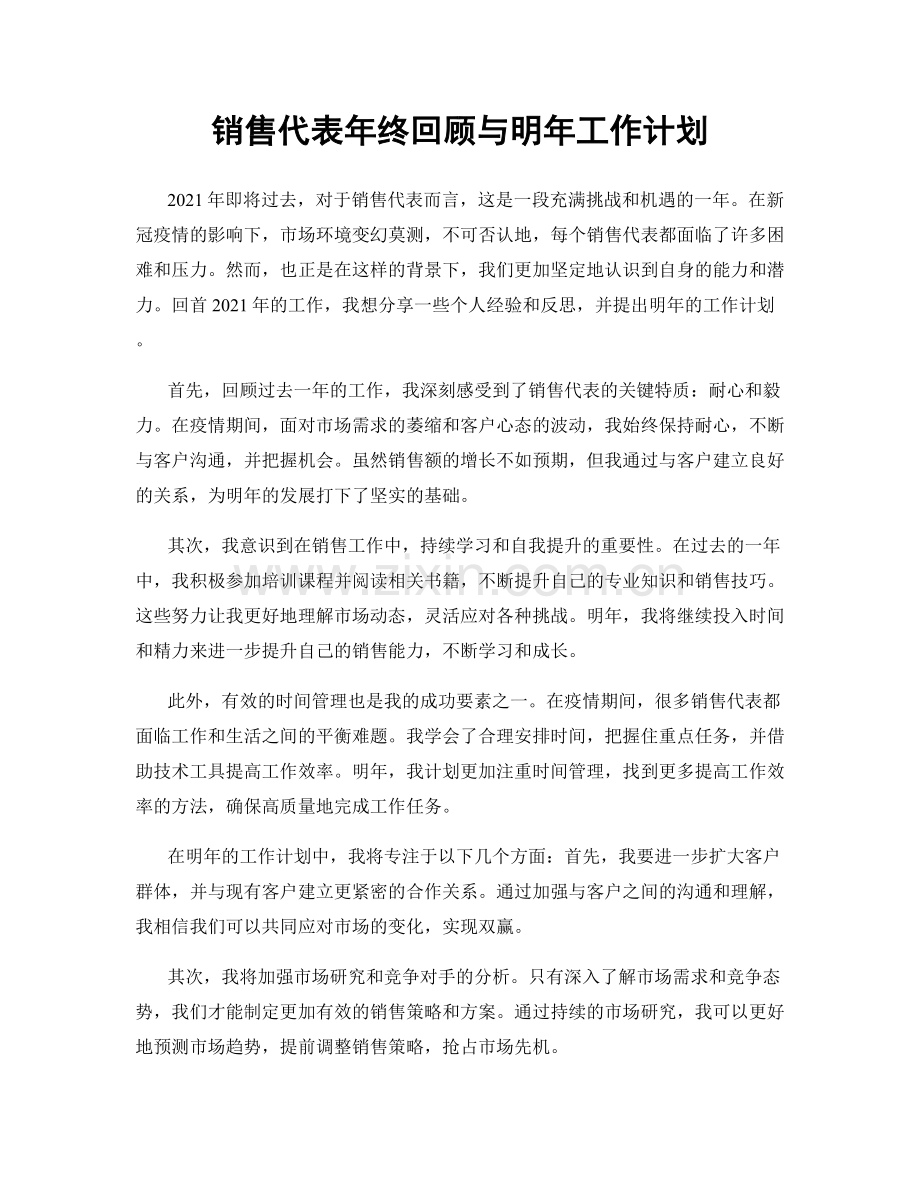 销售代表年终回顾与明年工作计划.docx_第1页