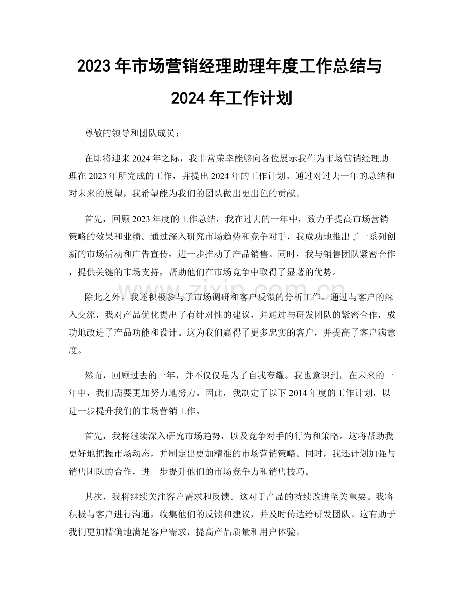 2023年市场营销经理助理年度工作总结与2024年工作计划.docx_第1页