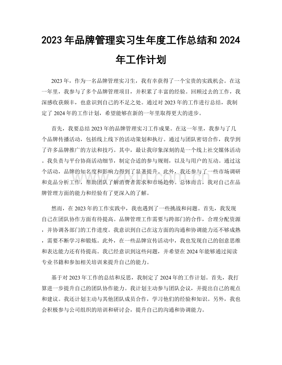 2023年品牌管理实习生年度工作总结和2024年工作计划.docx_第1页