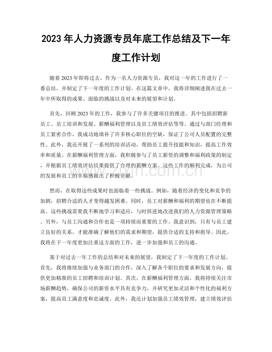 2023年人力资源专员年底工作总结及下一年度工作计划.docx_第1页