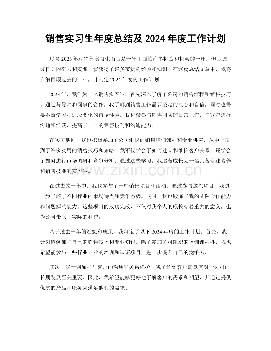 销售实习生年度总结及2024年度工作计划.docx_第1页