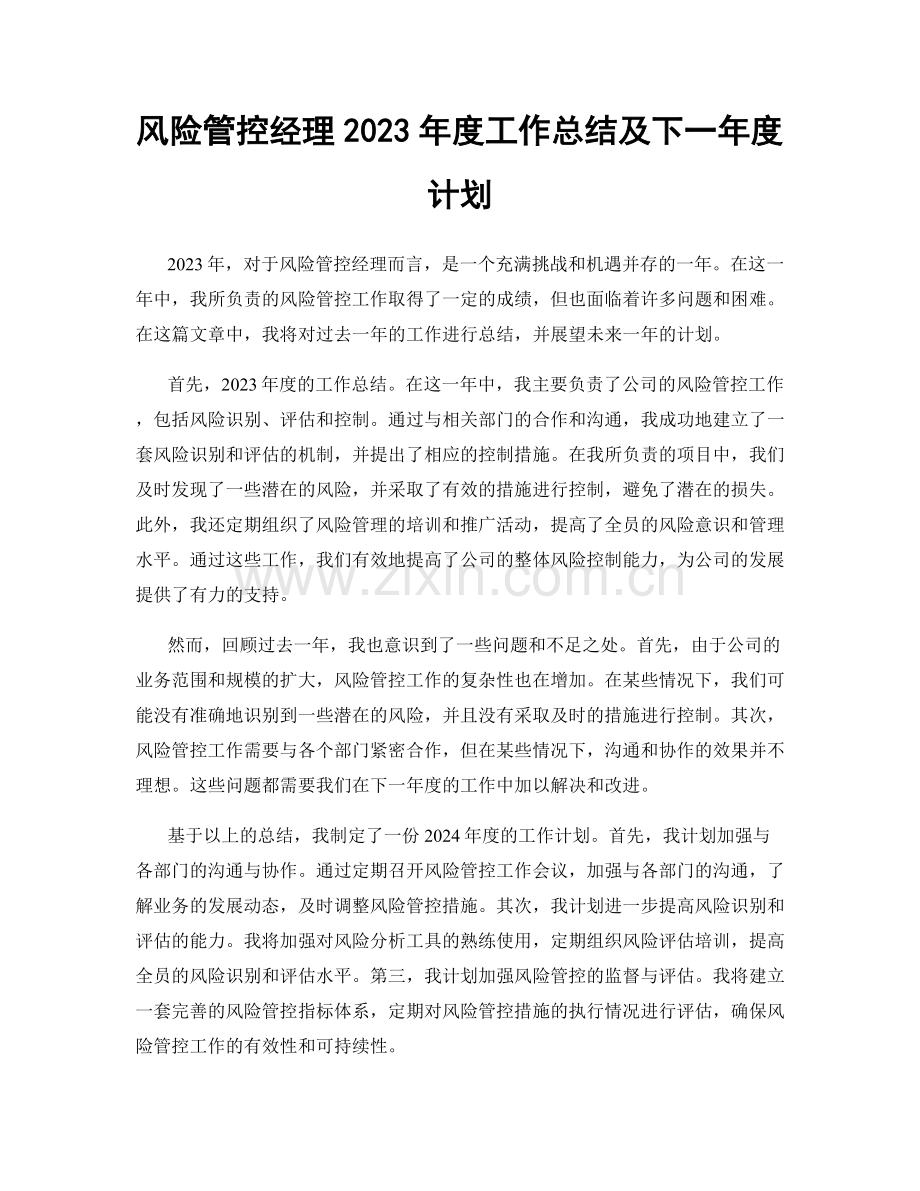 风险管控经理2023年度工作总结及下一年度计划.docx_第1页