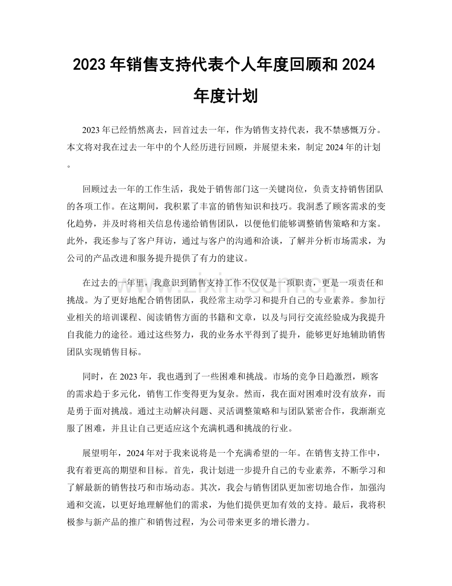 2023年销售支持代表个人年度回顾和2024年度计划.docx_第1页