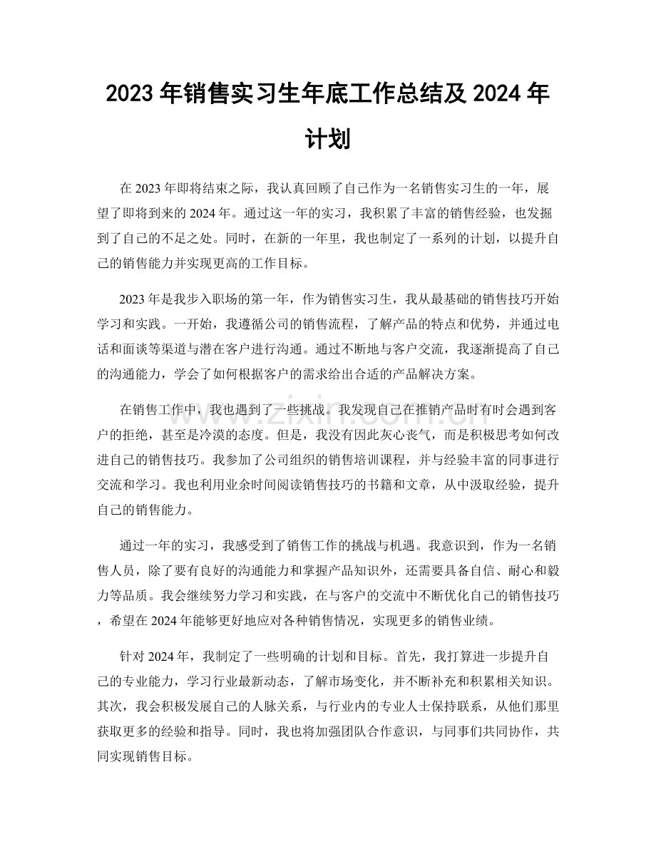 2023年销售实习生年底工作总结及2024年计划.docx_第1页