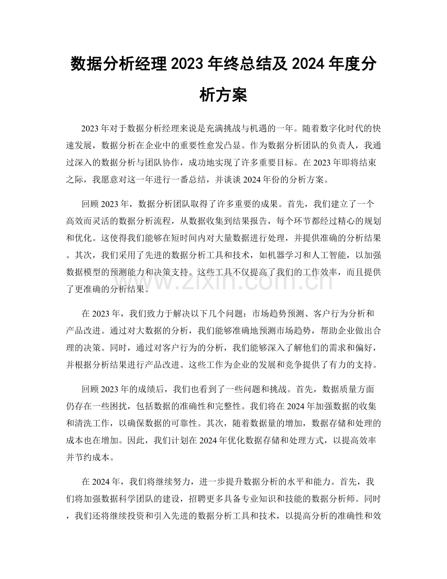 数据分析经理2023年终总结及2024年度分析方案.docx_第1页